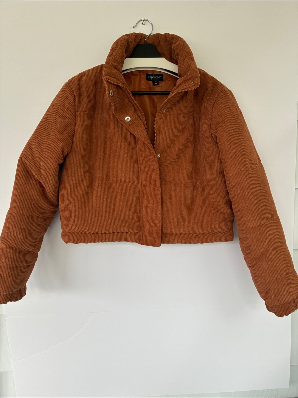 Say What? Cropped Corduroy Puffer Jacket - Rust Brown Orange Large